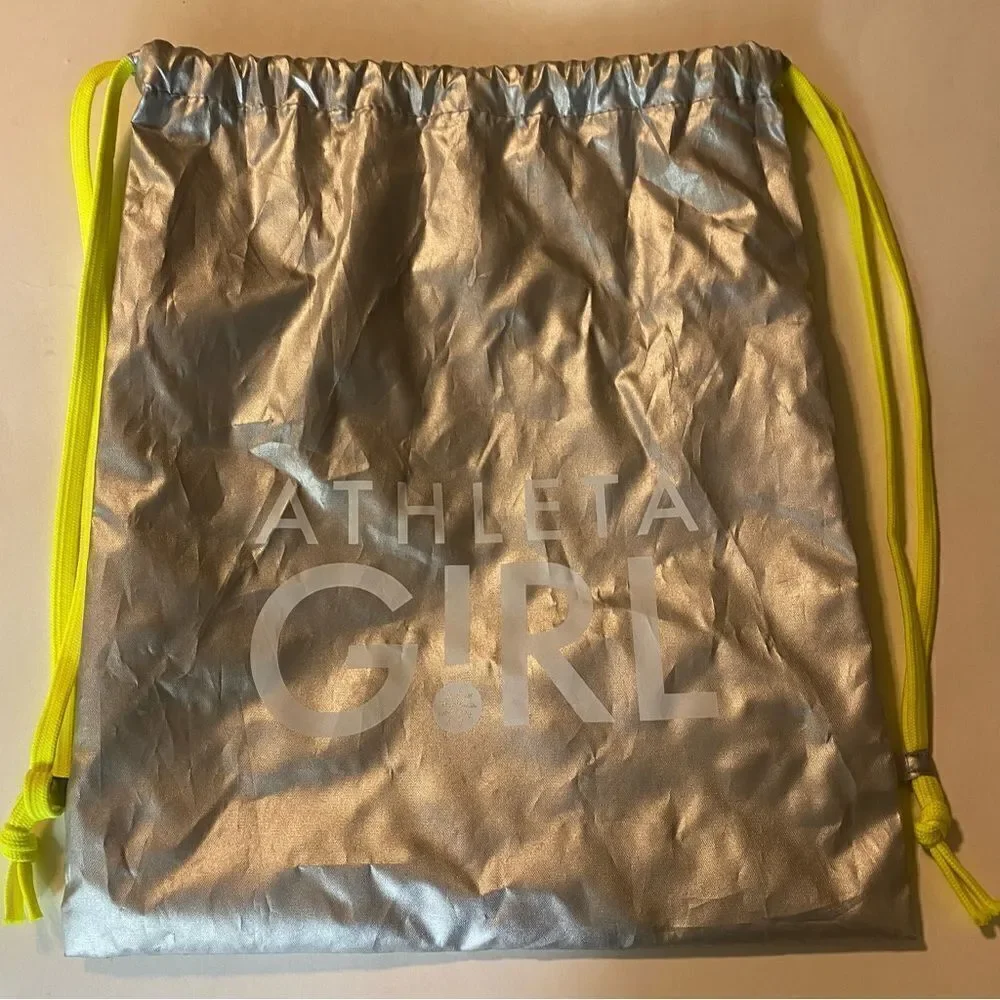 Athleta girl drawstring bag backpack sack silver hot pink set of 2 13x16